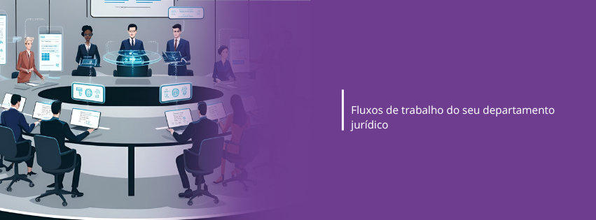 Imagem de pessoas no escritório, sentadas em uma mesa com computadores remetendo Otimização de fluxos de trabalho jurídico 